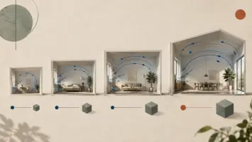 Fire rumprofiler i stigende størrelse med blå luftbaner som illustration af modelvalg