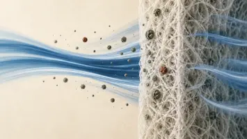 Makroillustration af partikler og blå luftstrøm gennem et tæt fibermateriale