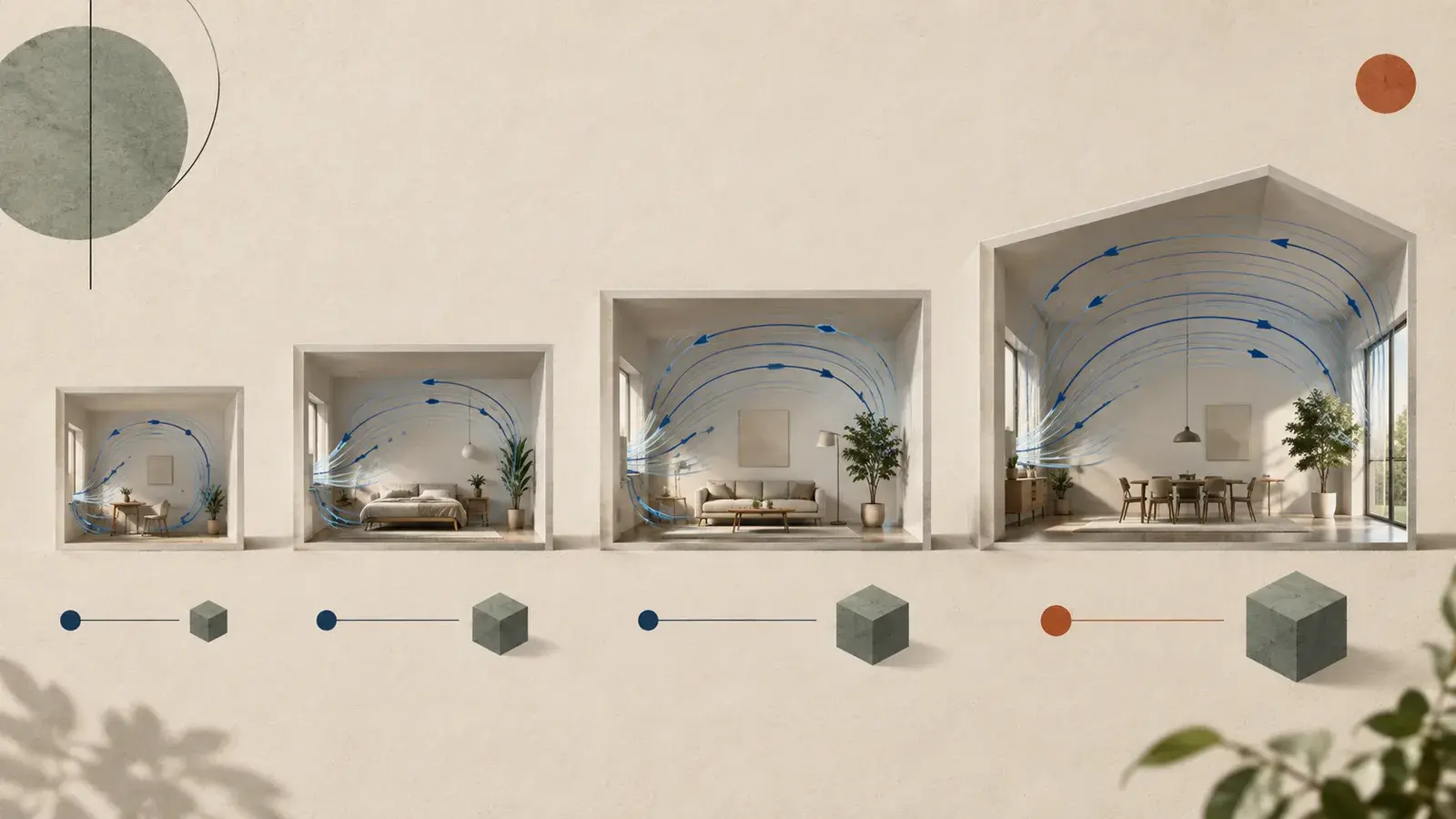 Fire rumprofiler i stigende størrelse med blå luftbaner som illustration af modelvalg
