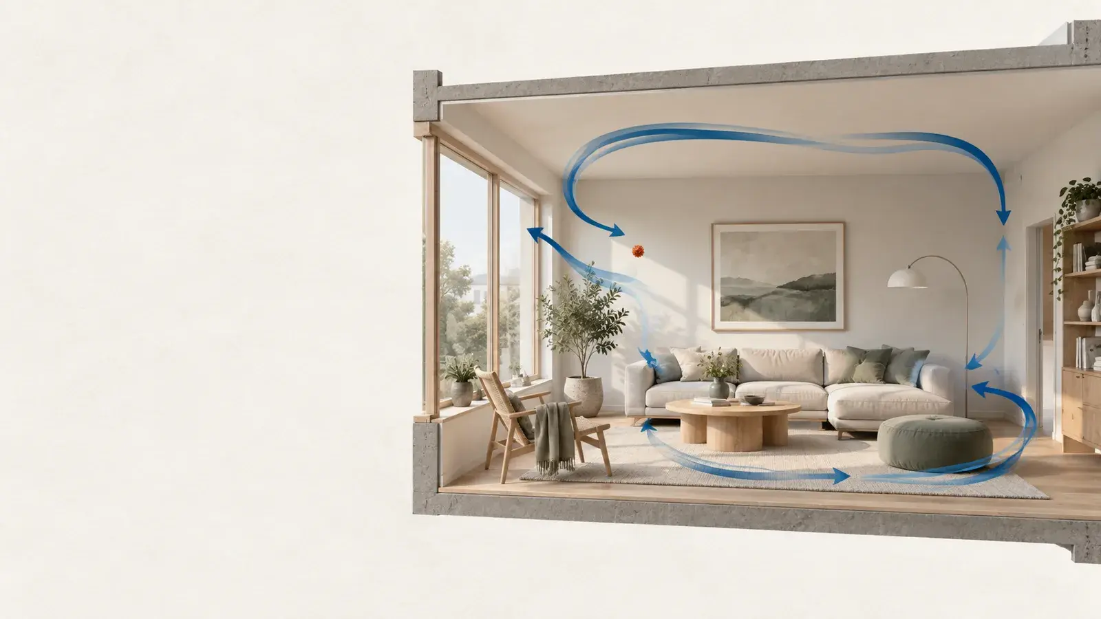 Snit gennem en dansk stue med blå luftbaner, der viser luftcirkulation i rummet